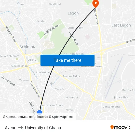 Aveno to University of Ghana map