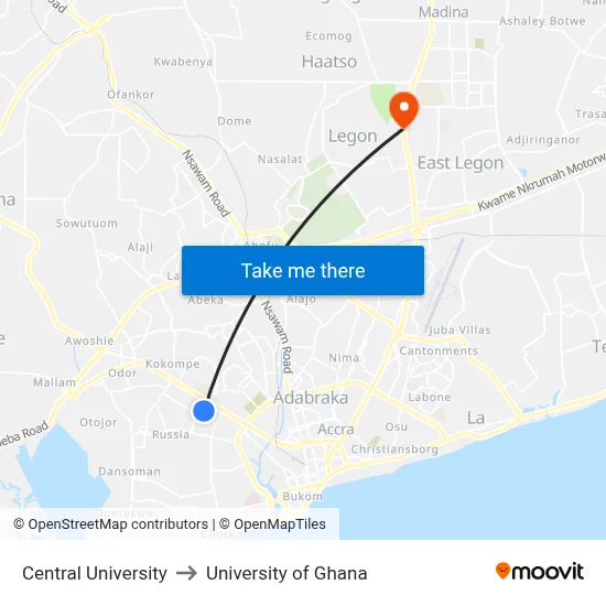 Central University to University of Ghana map