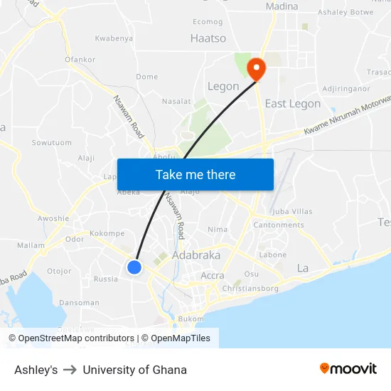 Ashley's to University of Ghana map