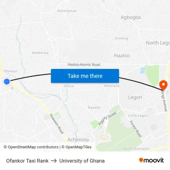 Ofankor Taxi Rank to University of Ghana map