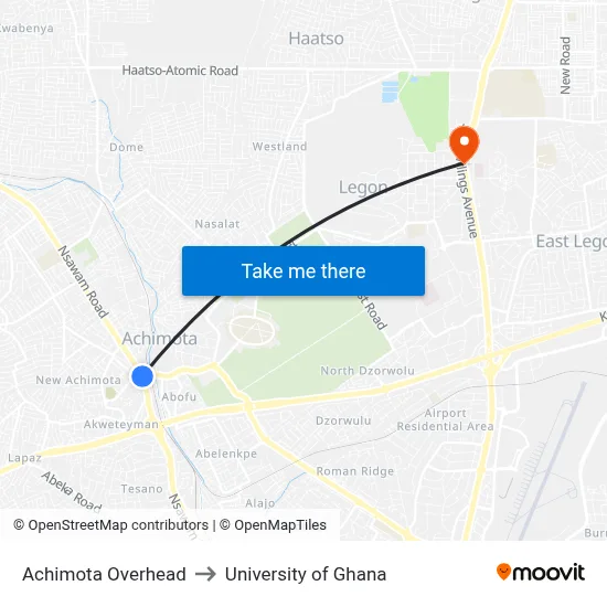 Achimota Overhead to University of Ghana map