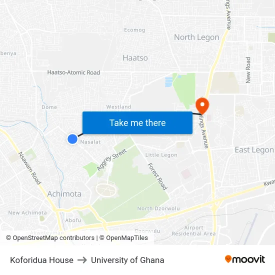 Koforidua House to University of Ghana map