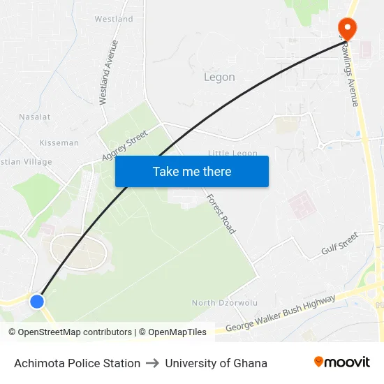 Achimota Police Station to University of Ghana map