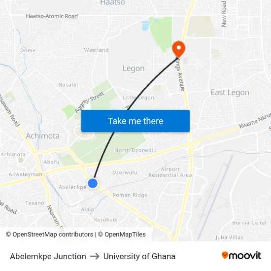 Abelemkpe Junction to University of Ghana map