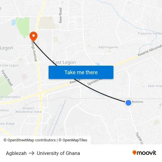 Agblezah to University of Ghana map