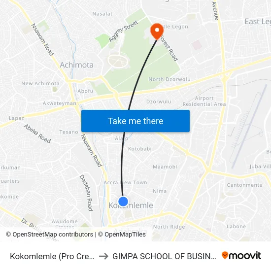 Kokomlemle (Pro Credit) to GIMPA SCHOOL OF BUSINESS map