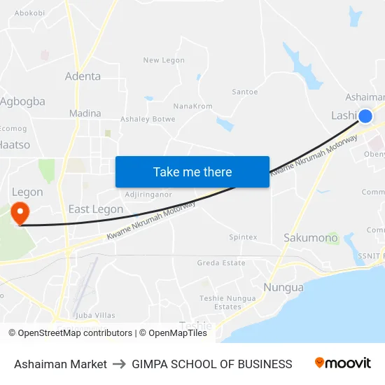 Ashaiman Market to GIMPA SCHOOL OF BUSINESS map