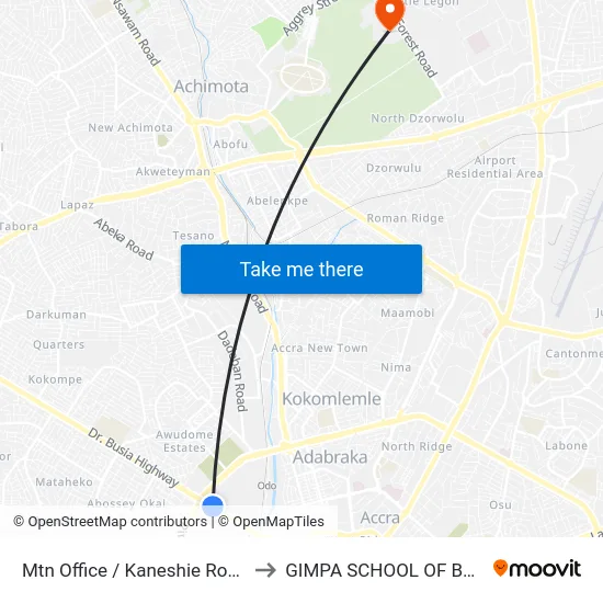 Mtn Office / Kaneshie Roundabout to GIMPA SCHOOL OF BUSINESS map