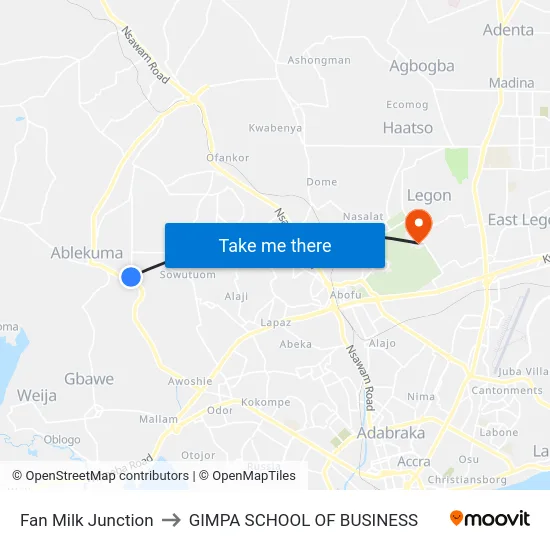 Fan Milk Junction to GIMPA SCHOOL OF BUSINESS map
