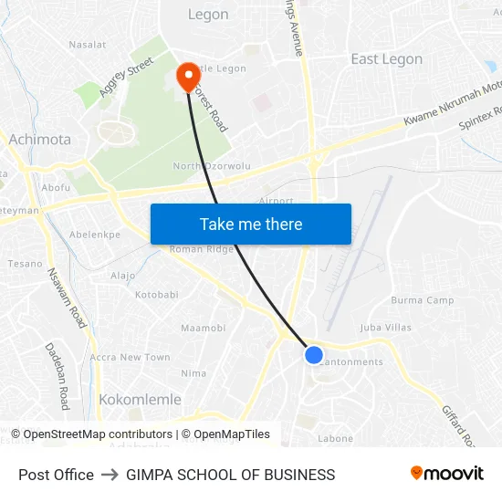Post Office to GIMPA SCHOOL OF BUSINESS map