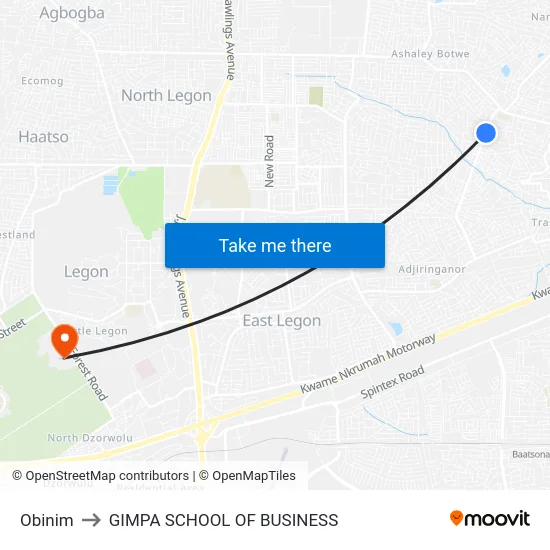 Obinim to GIMPA SCHOOL OF BUSINESS map