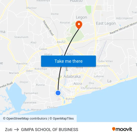 Zoti to GIMPA SCHOOL OF BUSINESS map