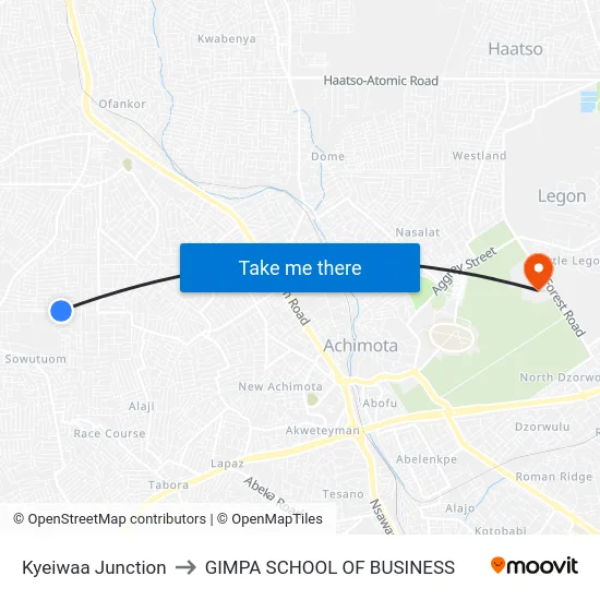 Kyeiwaa Junction to GIMPA SCHOOL OF BUSINESS map