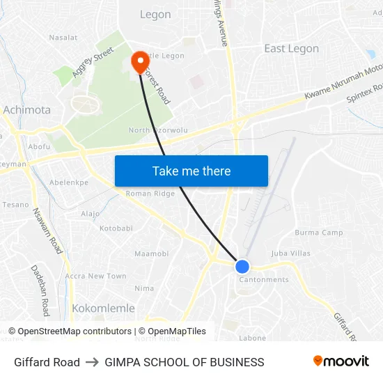 Giffard Road to GIMPA SCHOOL OF BUSINESS map
