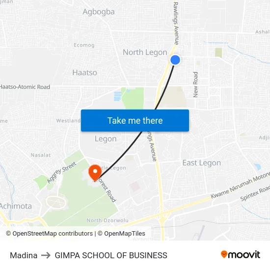 Madina to GIMPA SCHOOL OF BUSINESS map