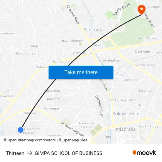 Thirteen to GIMPA SCHOOL OF BUSINESS map