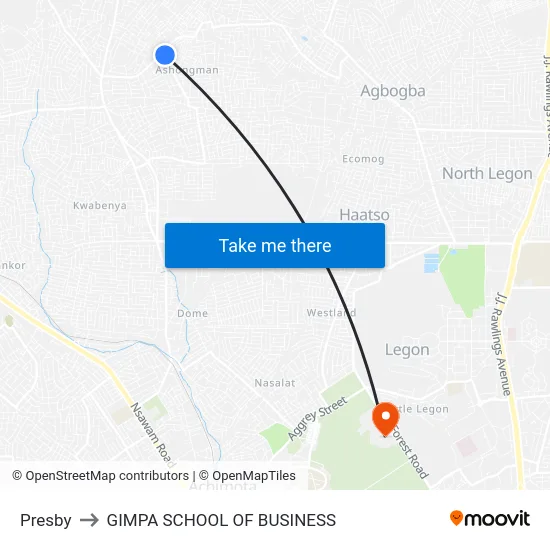 Presby to GIMPA SCHOOL OF BUSINESS map