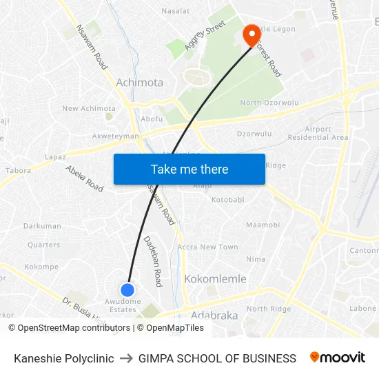 Kaneshie Polyclinic to GIMPA SCHOOL OF BUSINESS map