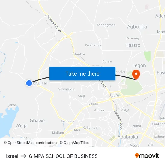 Israel to GIMPA SCHOOL OF BUSINESS map