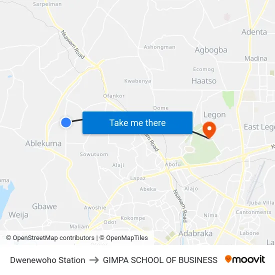 Dwenewoho Station to GIMPA SCHOOL OF BUSINESS map