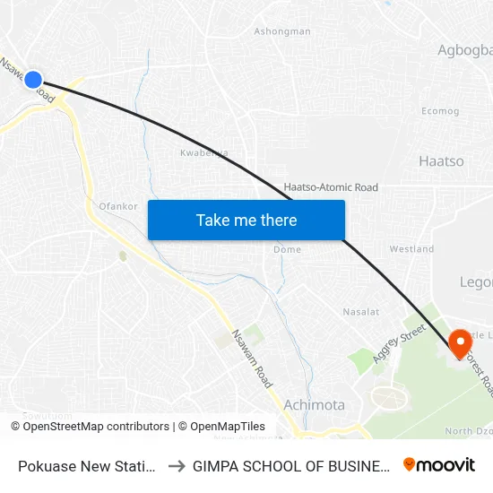 Pokuase New Station to GIMPA SCHOOL OF BUSINESS map