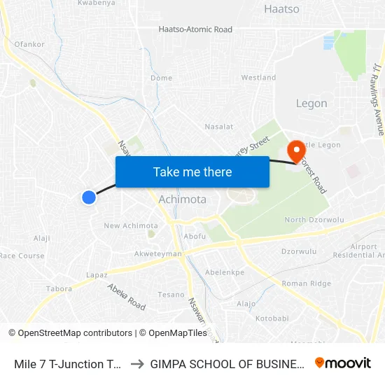 Mile 7 T-Junction Top to GIMPA SCHOOL OF BUSINESS map