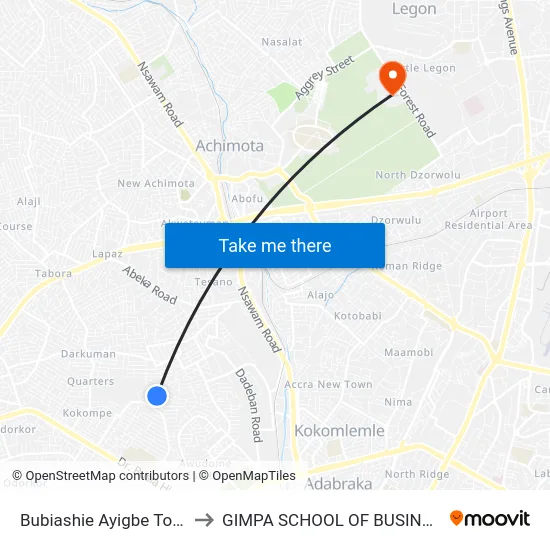 Bubiashie Ayigbe Town to GIMPA SCHOOL OF BUSINESS map