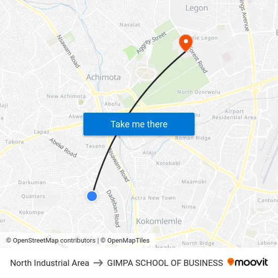 North Industrial Area to GIMPA SCHOOL OF BUSINESS map