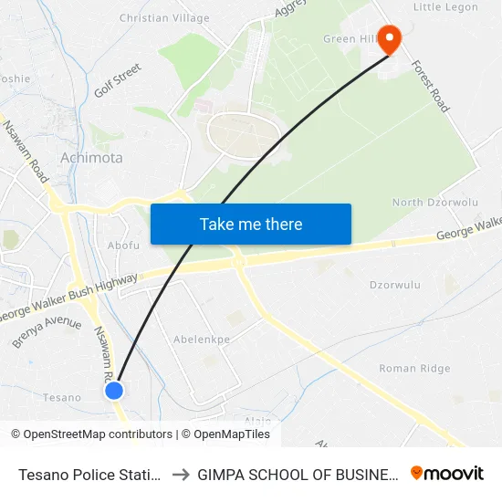 Tesano Police Station to GIMPA SCHOOL OF BUSINESS map