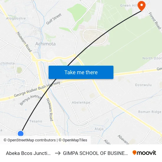 Abeka Bcos Junction to GIMPA SCHOOL OF BUSINESS map