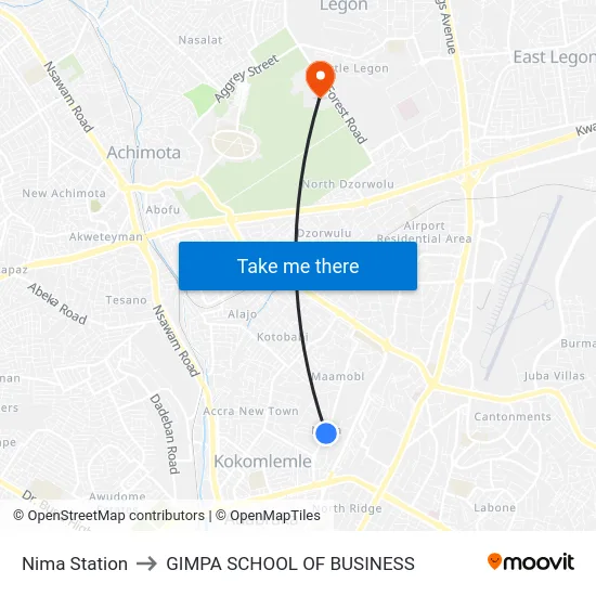 Nima Station to GIMPA SCHOOL OF BUSINESS map