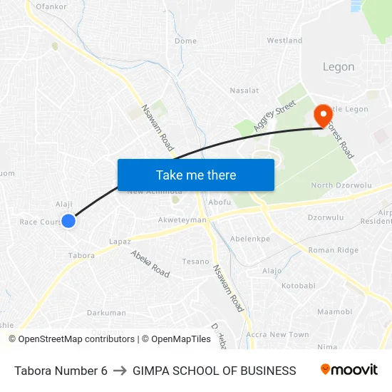 Tabora Number 6 to GIMPA SCHOOL OF BUSINESS map