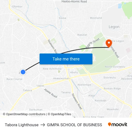 Tabora Lighthouse to GIMPA SCHOOL OF BUSINESS map