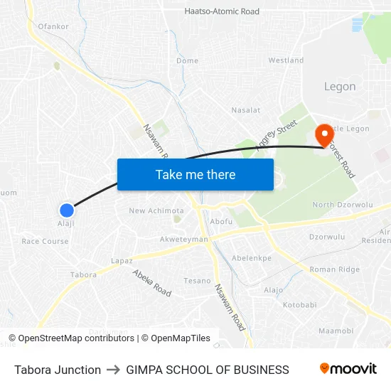 Tabora Junction to GIMPA SCHOOL OF BUSINESS map