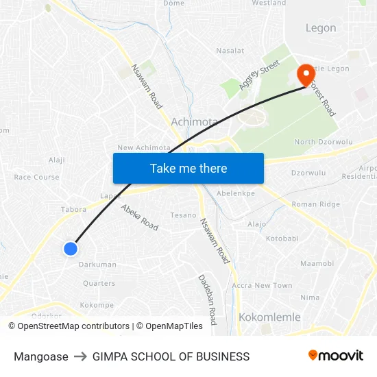 Mangoase to GIMPA SCHOOL OF BUSINESS map