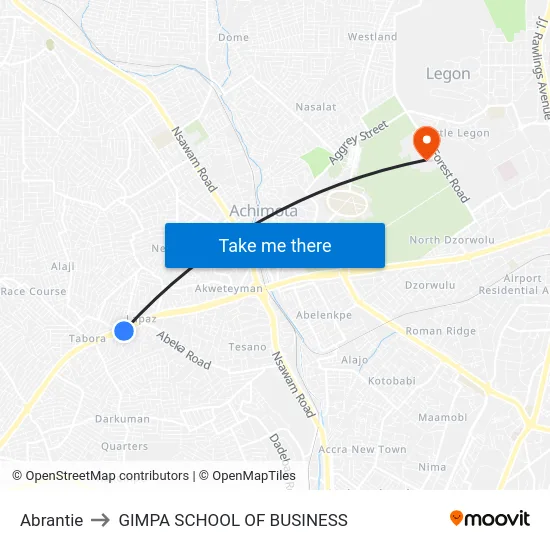 Abrantie to GIMPA SCHOOL OF BUSINESS map