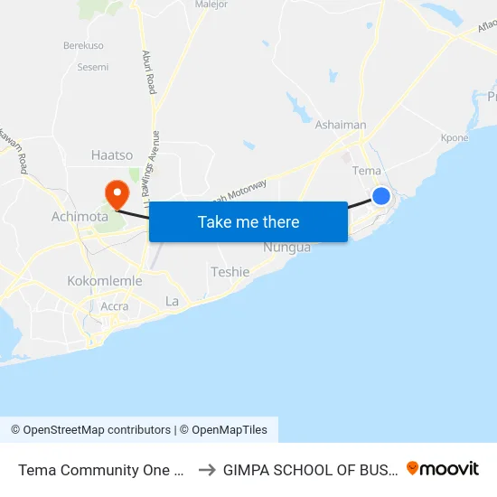 Tema Community One Market to GIMPA SCHOOL OF BUSINESS map