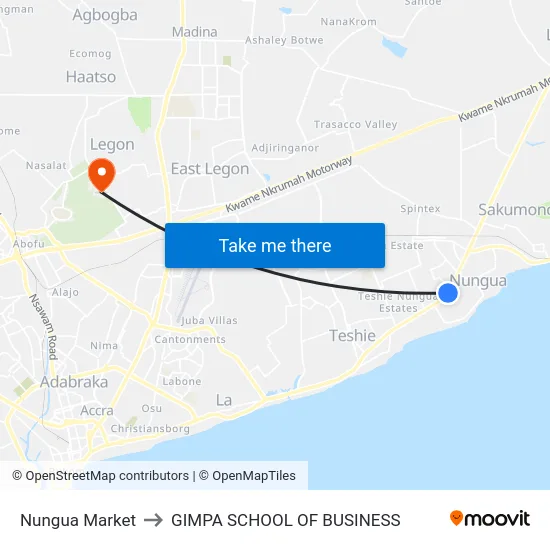 Nungua Market to GIMPA SCHOOL OF BUSINESS map
