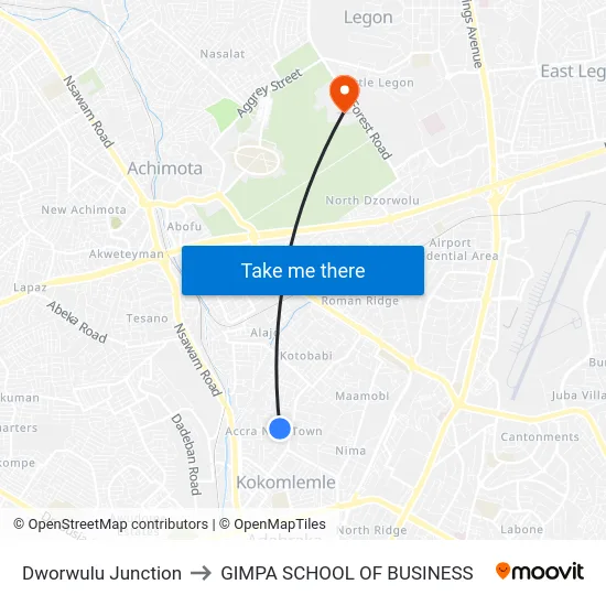 Dworwulu Junction to GIMPA SCHOOL OF BUSINESS map
