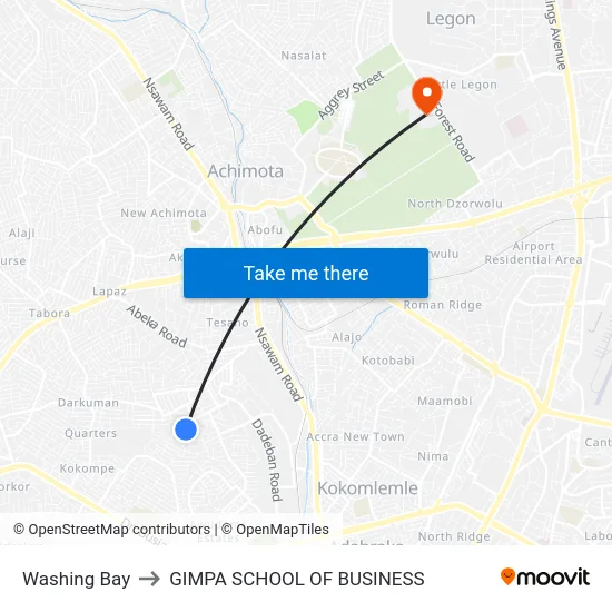 Washing Bay to GIMPA SCHOOL OF BUSINESS map