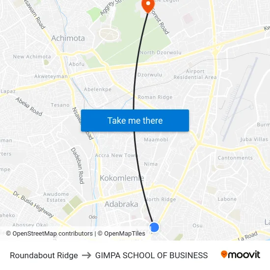 Roundabout Ridge to GIMPA SCHOOL OF BUSINESS map