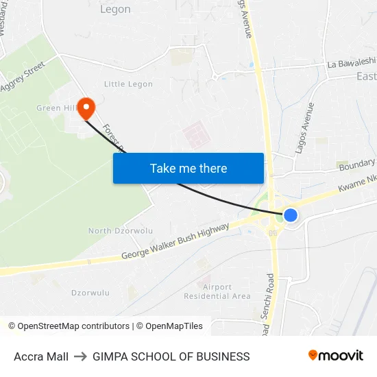 Accra Mall to GIMPA SCHOOL OF BUSINESS map
