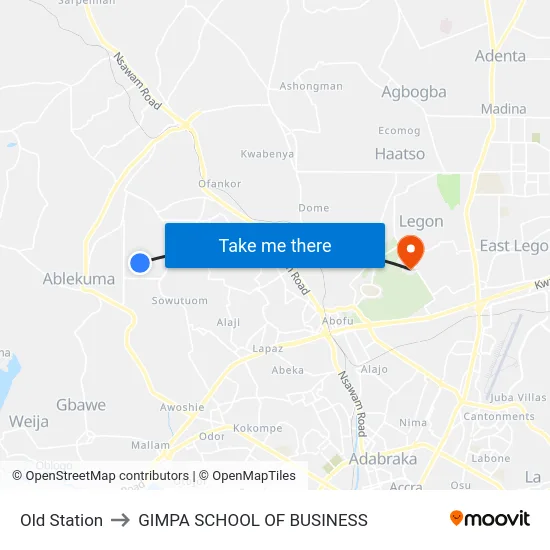 Old Station to GIMPA SCHOOL OF BUSINESS map