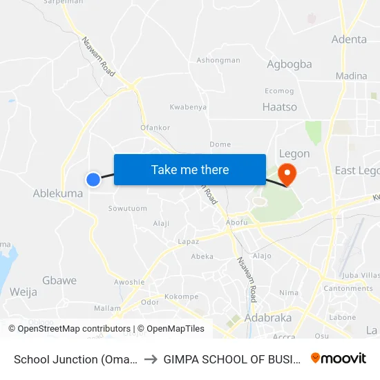 School Junction (Omanjor) to GIMPA SCHOOL OF BUSINESS map