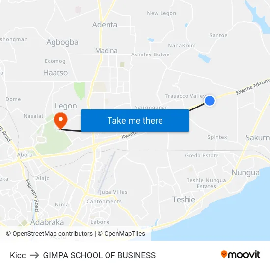 Kicc to GIMPA SCHOOL OF BUSINESS map