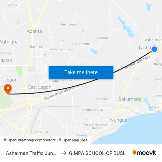 Ashaiman Traffic Junction to GIMPA SCHOOL OF BUSINESS map