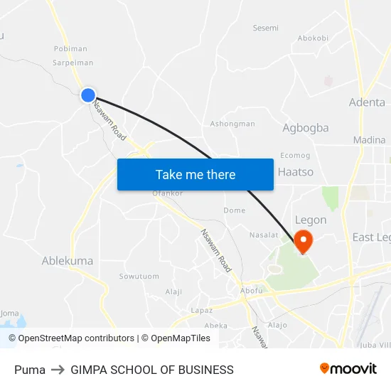 Puma to GIMPA SCHOOL OF BUSINESS map