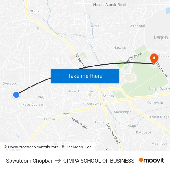 Sowutuom Chopbar to GIMPA SCHOOL OF BUSINESS map