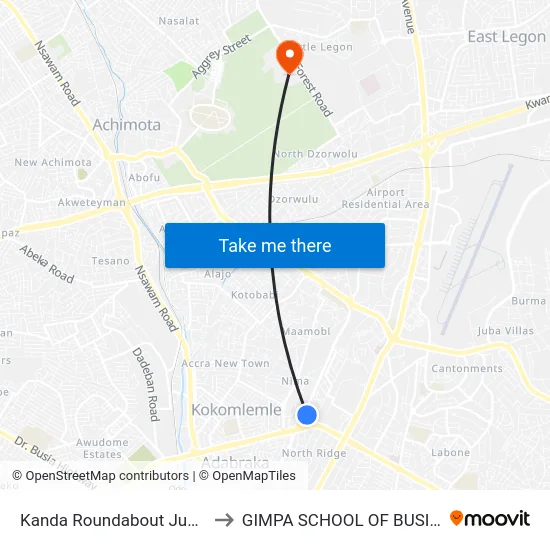 Kanda Roundabout Junction to GIMPA SCHOOL OF BUSINESS map