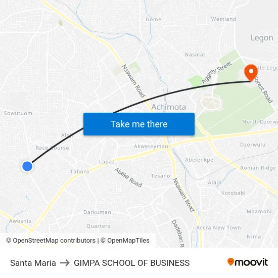 Santa Maria to GIMPA SCHOOL OF BUSINESS map